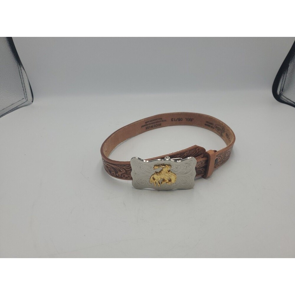 Toddler Justin Boots leather belt with Bronc rider buckle.
